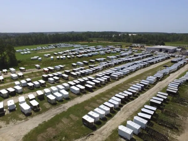 Aerial view of finished trailers lined up across the Douglas, Georgia yard